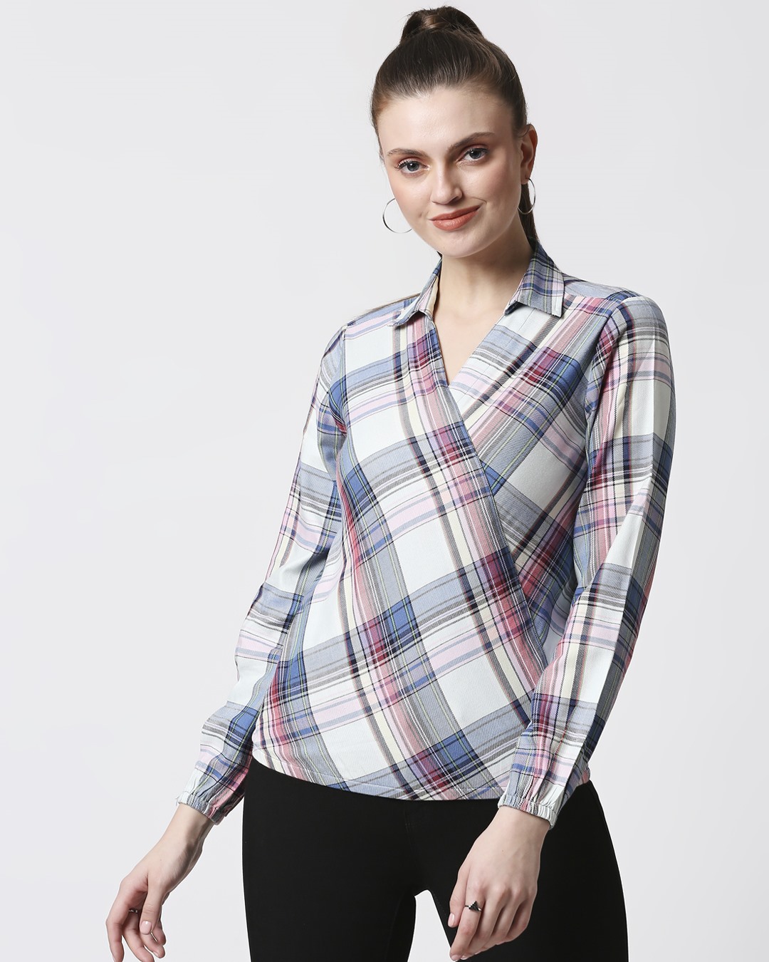 Shop Women's Blue Checks Overlap Shirt-Back