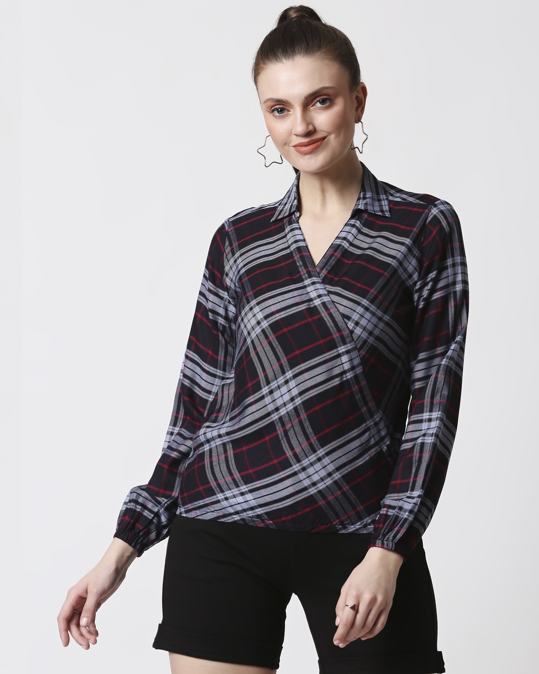 Shop Women's Checks Overlap Shirt Top-Back