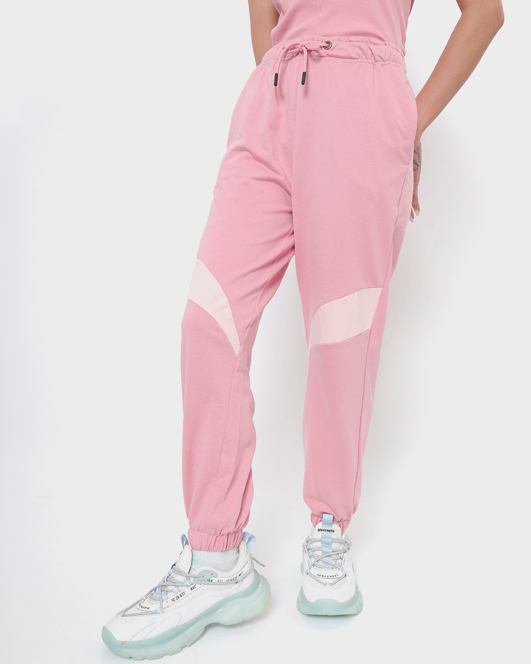 Pink colour block cheap joggers