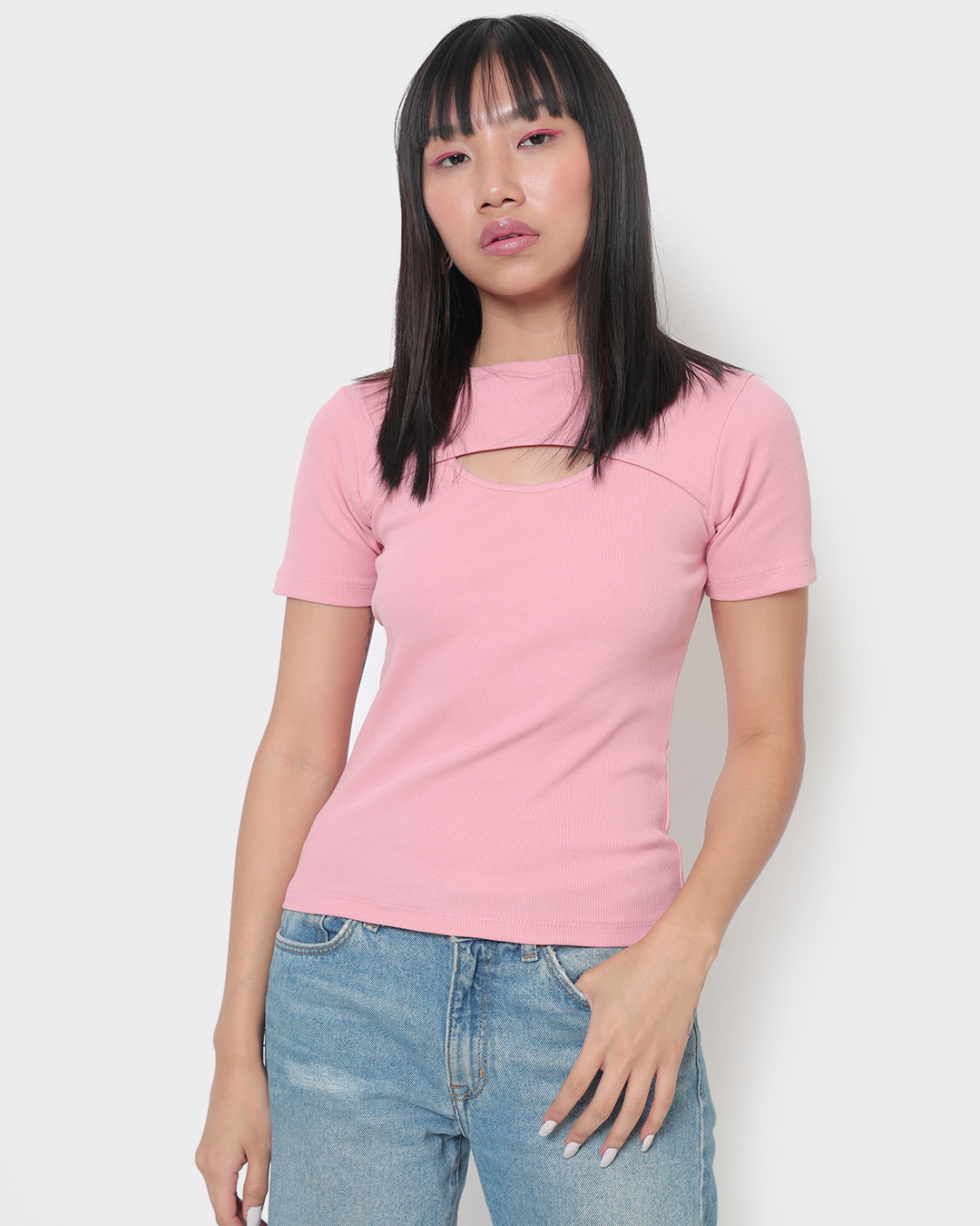 Shop Women's Cheeky Pink Keyhole Ribbed Slim Fit Short Top-Back