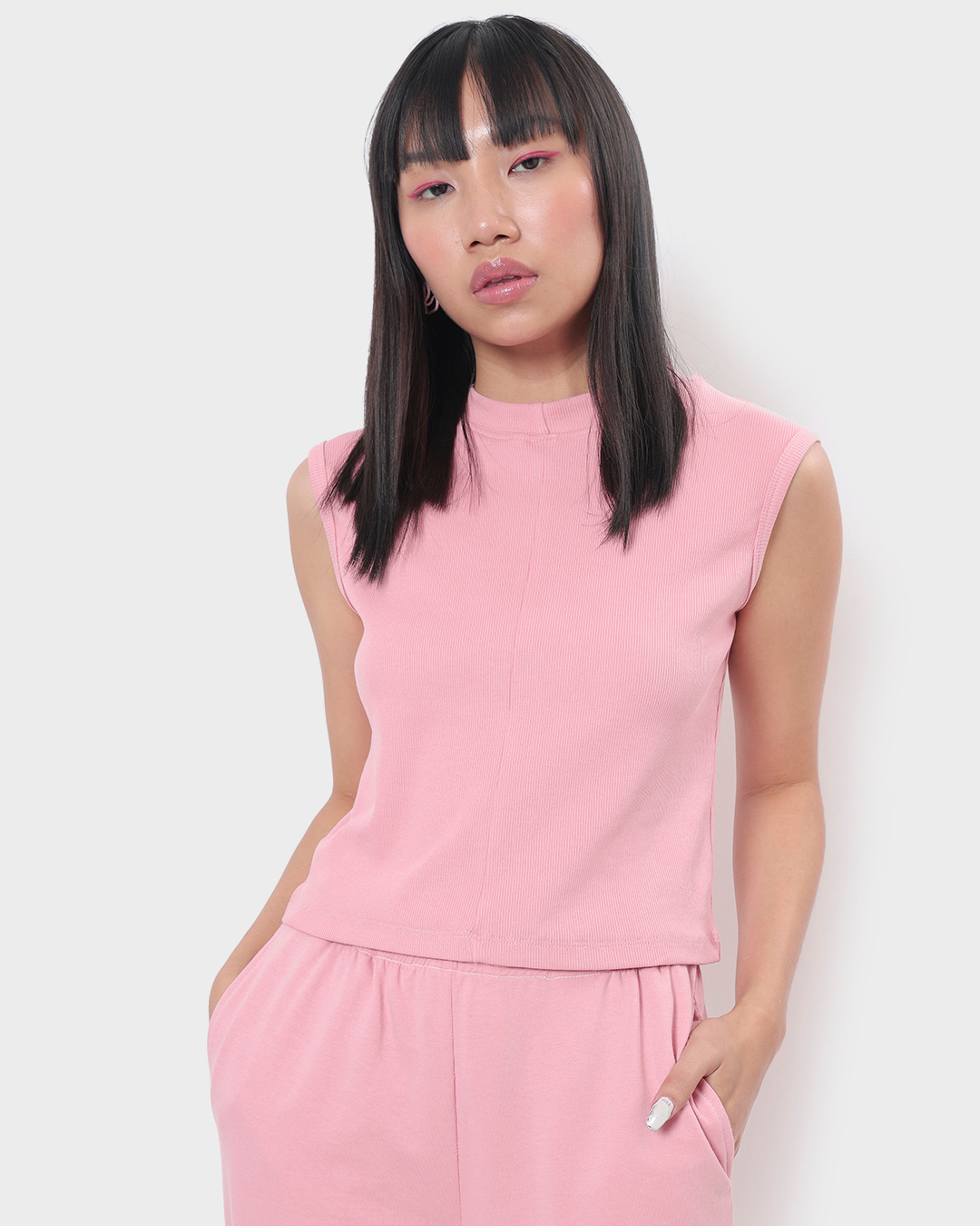 Shop Women's Cheeky Pink Sleeveless Slim Fit Rib Top-Back