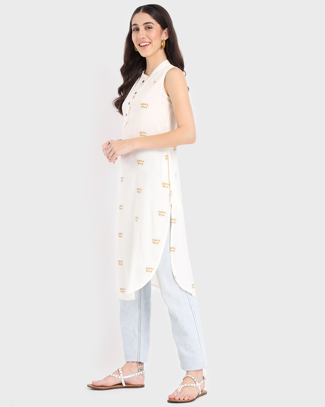 Shop Women's White All Over Chill Out Printed Long Kurta-Back