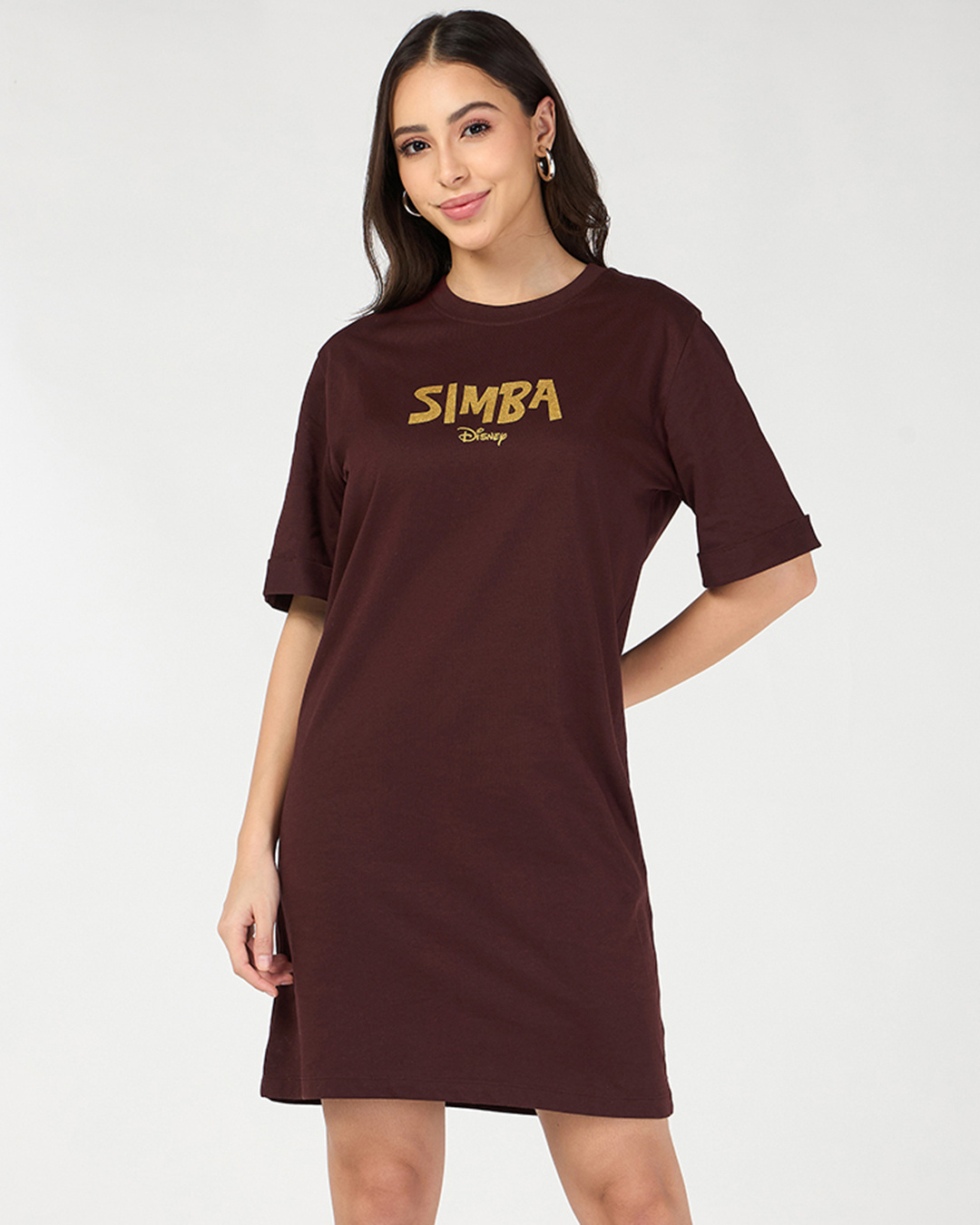 Shop Women's Chocolate Brown Simba Graphic Printed Oversized T-Shirt Dress-Back