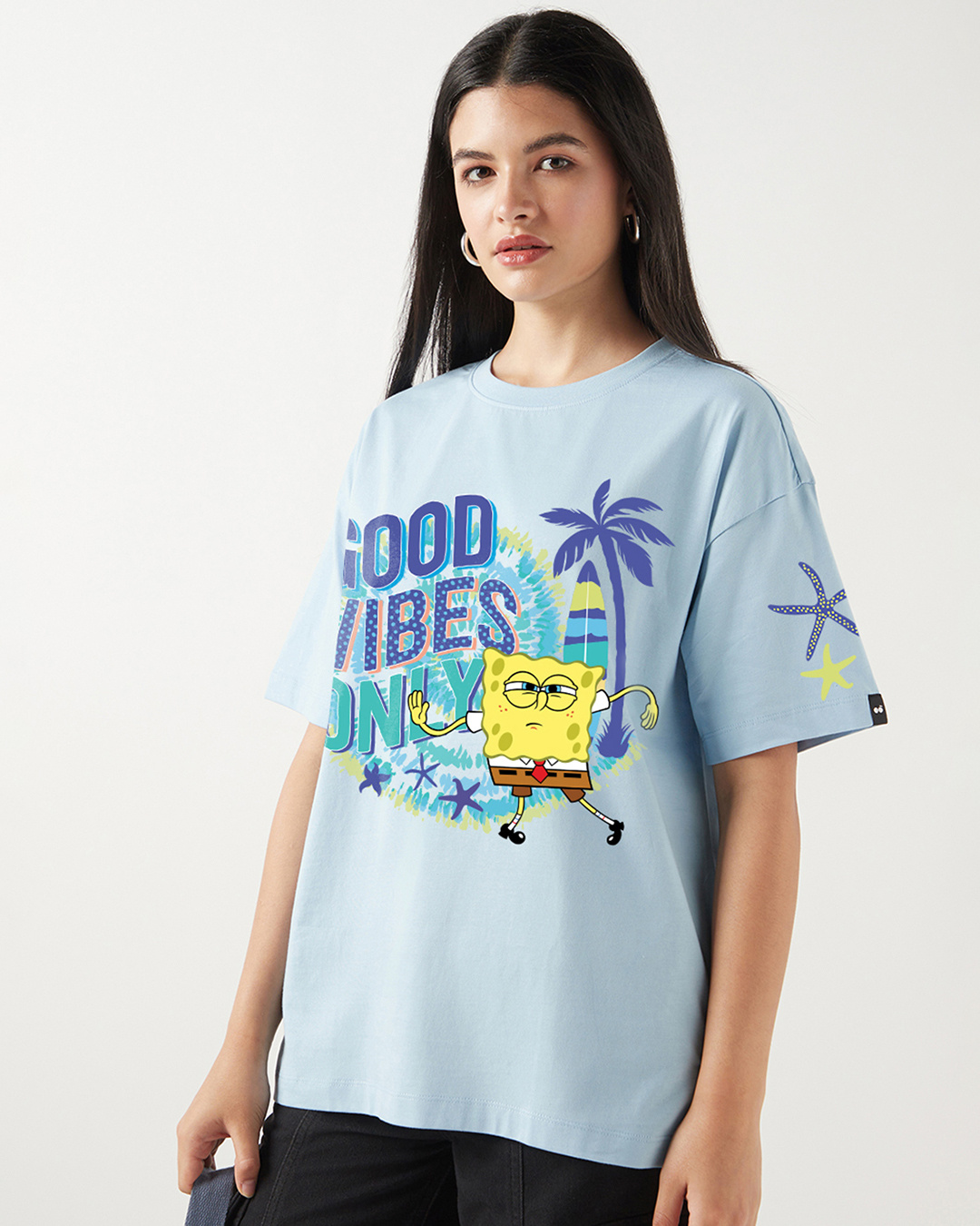 Shop Women's Sky Blue Sponge Bob Graphic Printed Oversized T-shirt-Back