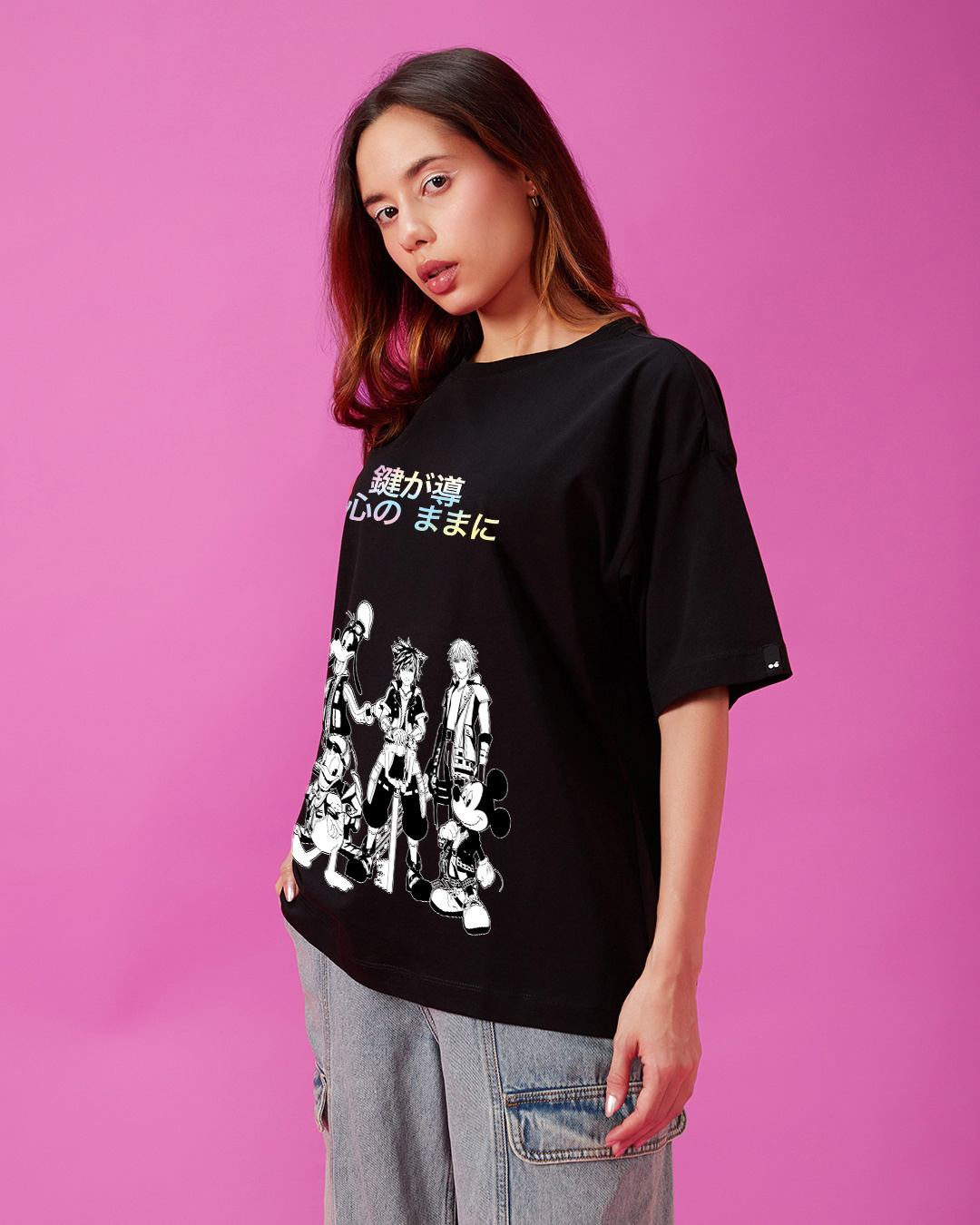 Shop Women's Black Kingdom Squad Oversized Graphic Printed T-shirt-Back
