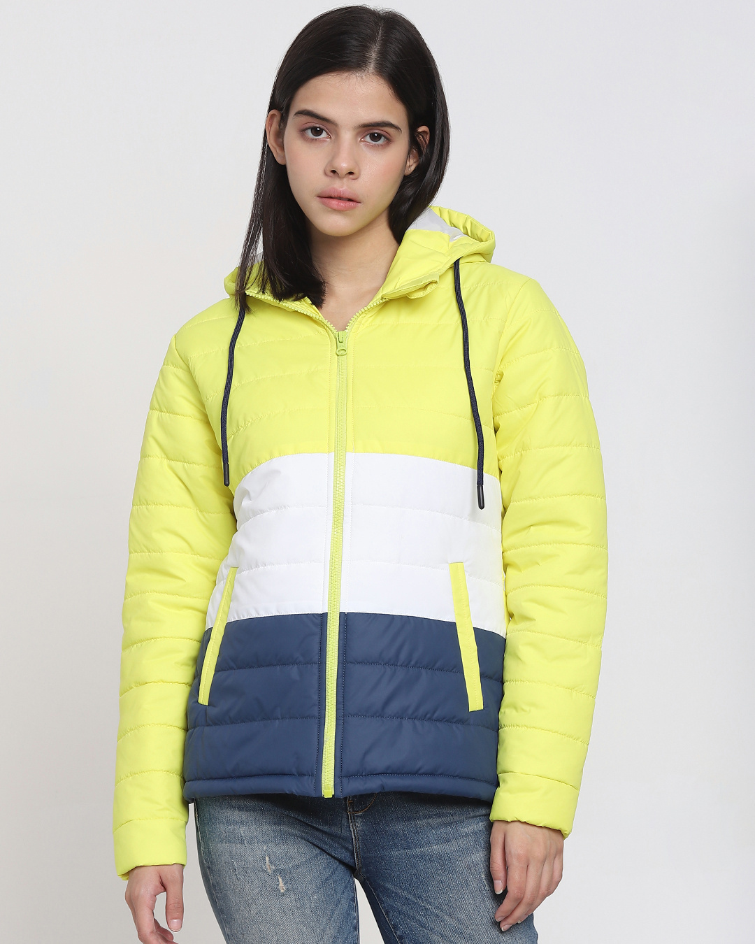 Shop Women's Yellow & White Color Block Relaxed Fit Puffer Jacket-Back