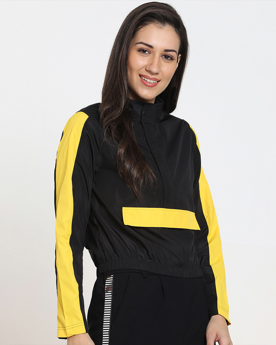 Shop Women's Yellow & Black Color Block Windcheater Jacket-Back
