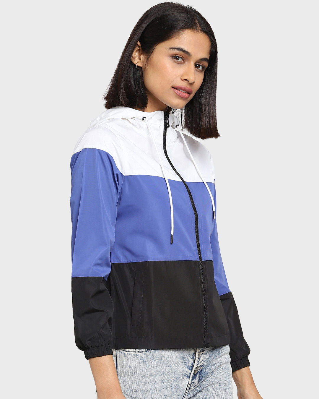 Shop Women's White & Blue Color Block Windcheater Jacket-Back
