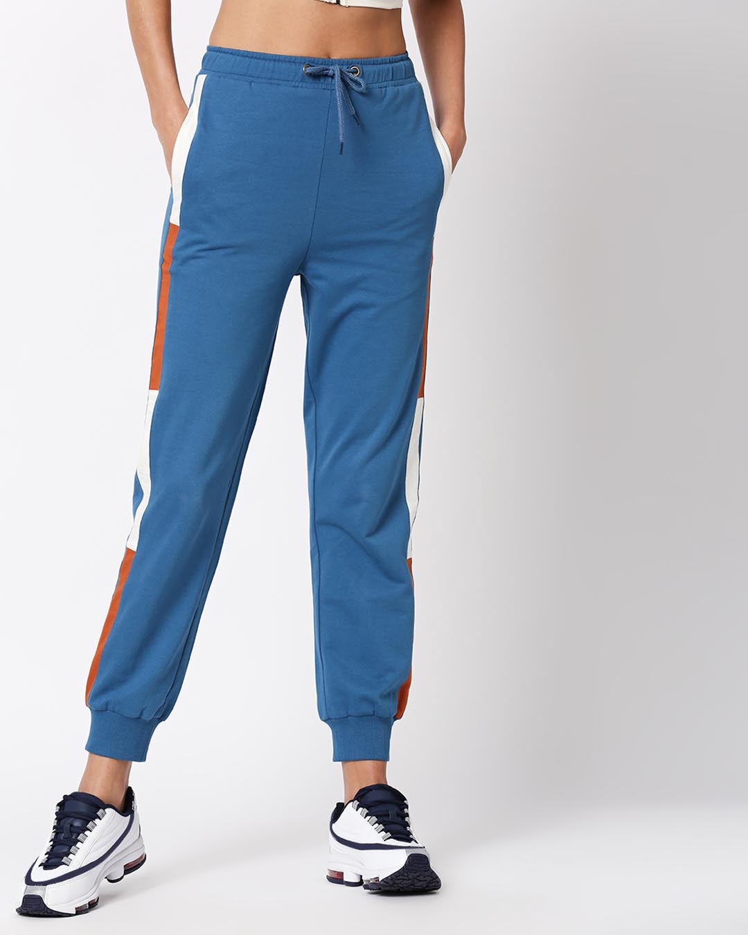 

Digi Teal High Waist Side Panel Jogger Women' High Waist Color Block Joggers Bewakoof.com, Blue-white-orange