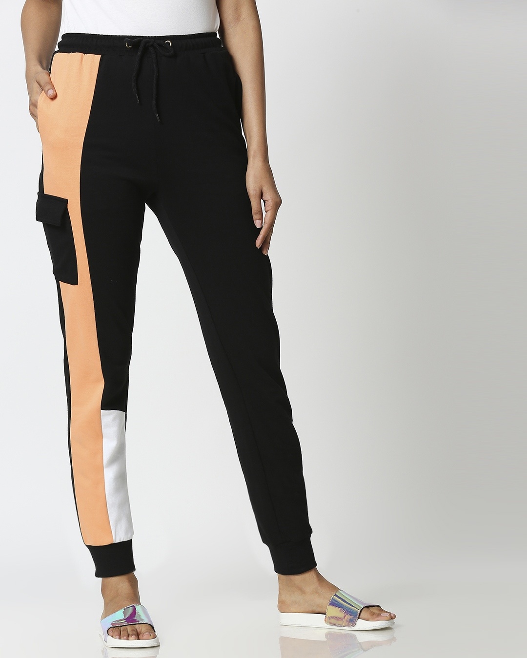 

Orange Rush Side Panel Pocket Joggers Women' High Waist Color Block Joggers Bewakoof.com, Black-orange-white