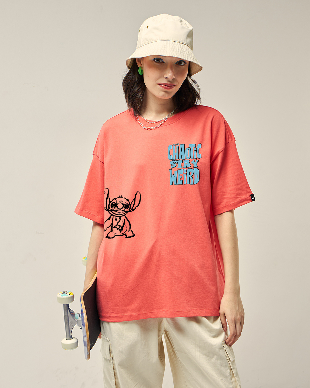 Shop Women's Coral Pink Absolute Chaos Graphic Printed Oversized T-shirt-Back