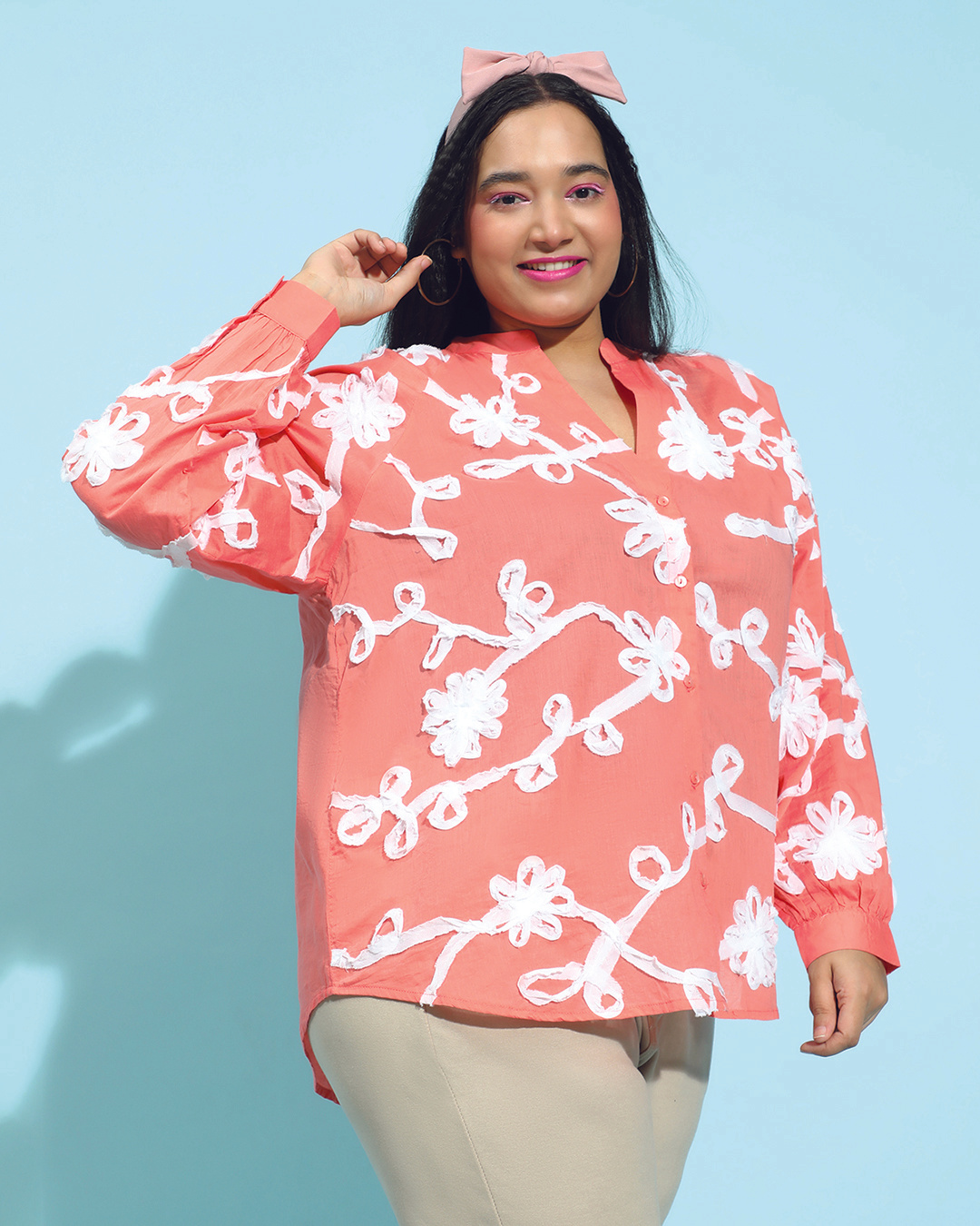 Shop Women's Coral Pink Embroidered Relaxed Fit Plus Size Shirt-Back