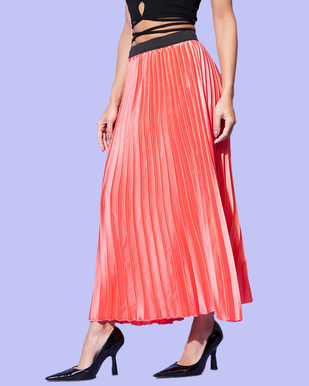 Shop Women's Coral Pink Pleated Skirts-Back