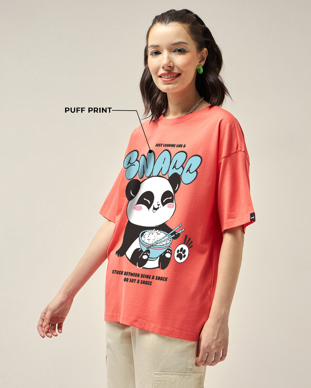 Shop Women's Coral Pink Snacking Graphic Printed Oversized T-shirt-Back