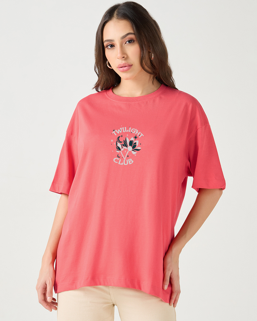 Shop Women's Coral Pink Twilight Club Graphic Printed Oversized T-shirt-Back