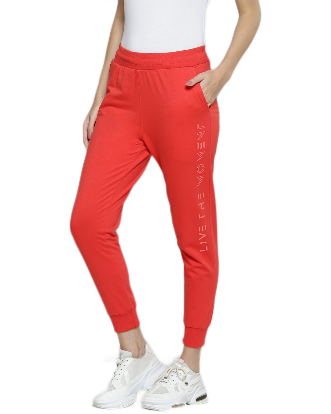 Shop Women's Coral Red Live The Moment Typography Slim Fit Joggers-Back