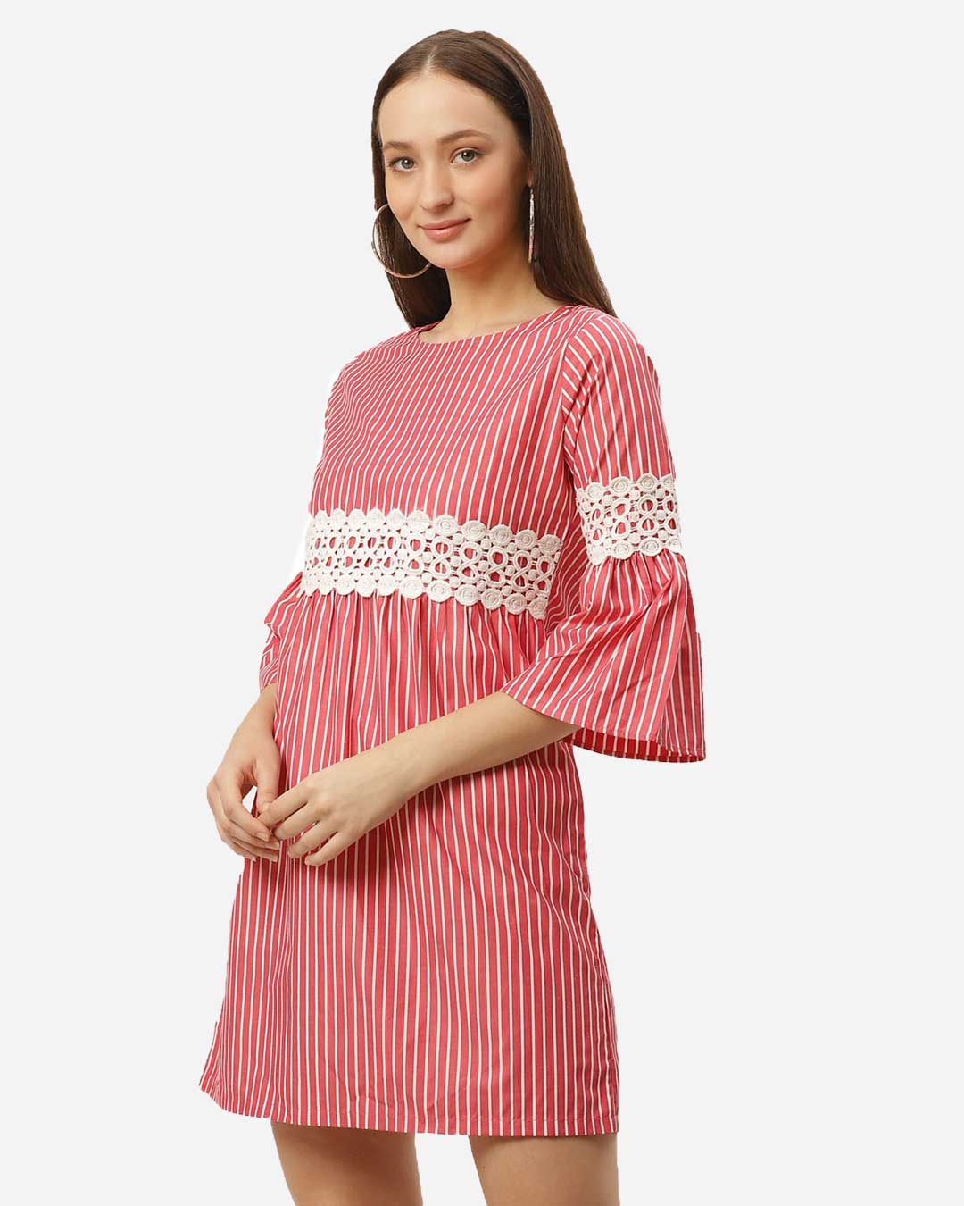 Shop Women's Coral Red & White Striped Empire Dress-Back