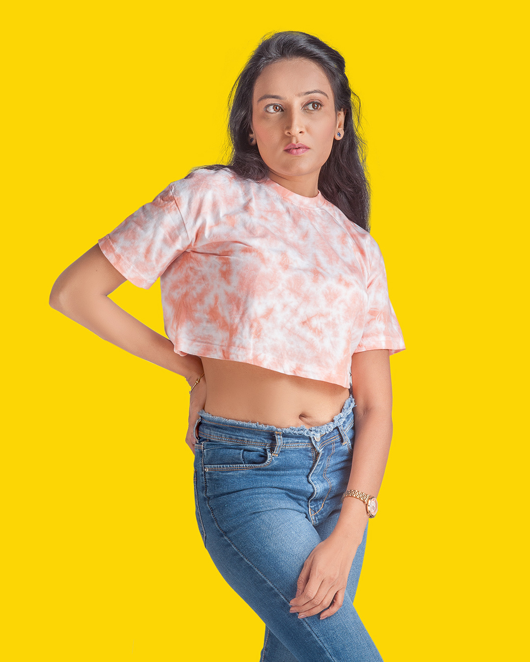 Shop Women's Beige & Pink Tie & Dye Loose Comfort Fit Crop T-shirt-Back