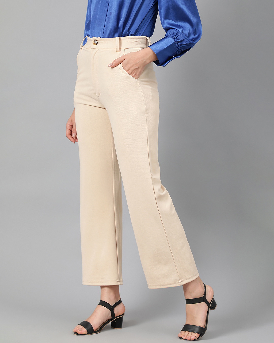 Shop Women's Creamy Beige Straight Fit Trousers-Back