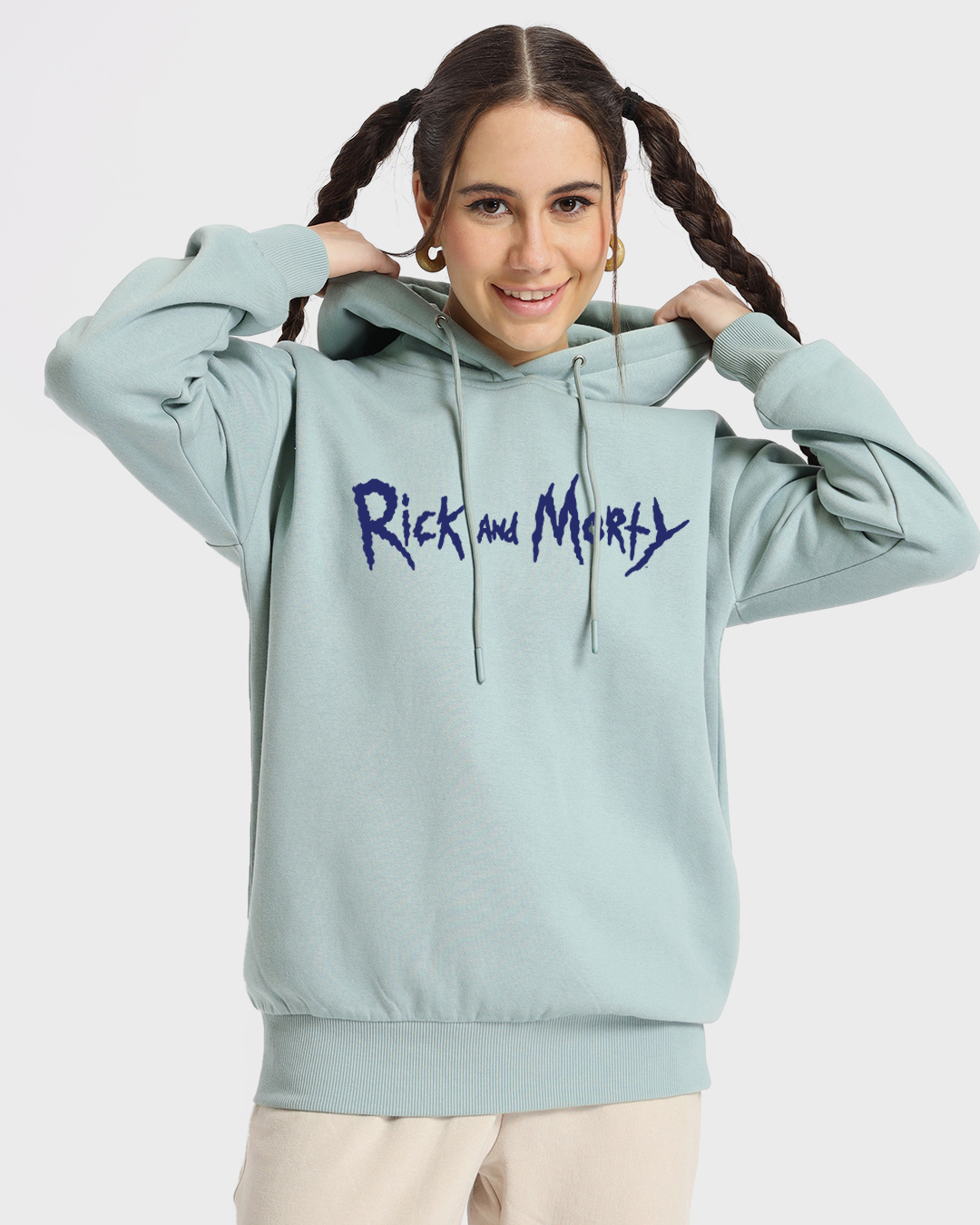 Shop Women's Cyan Stoned Rick & Morty Graphic Printed Oversized Hoodies-Back