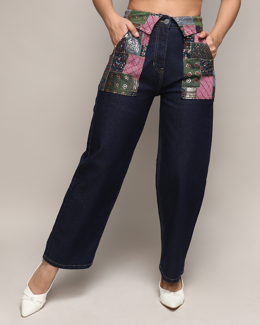Shop Women's Dark Blue Applique Flared Jeans-Back