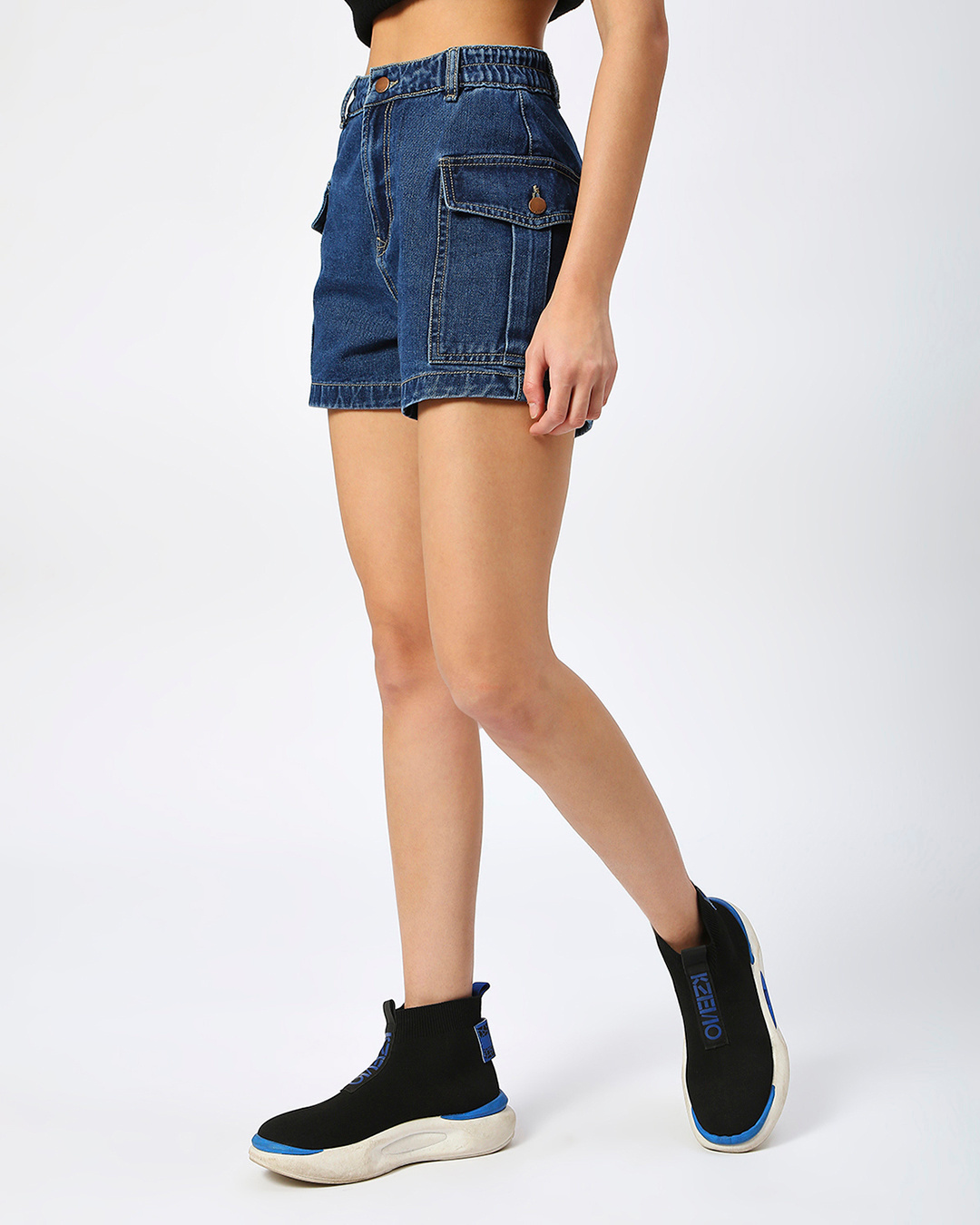Shop Women's Dark Blue Denim Cargo Shorts-Back