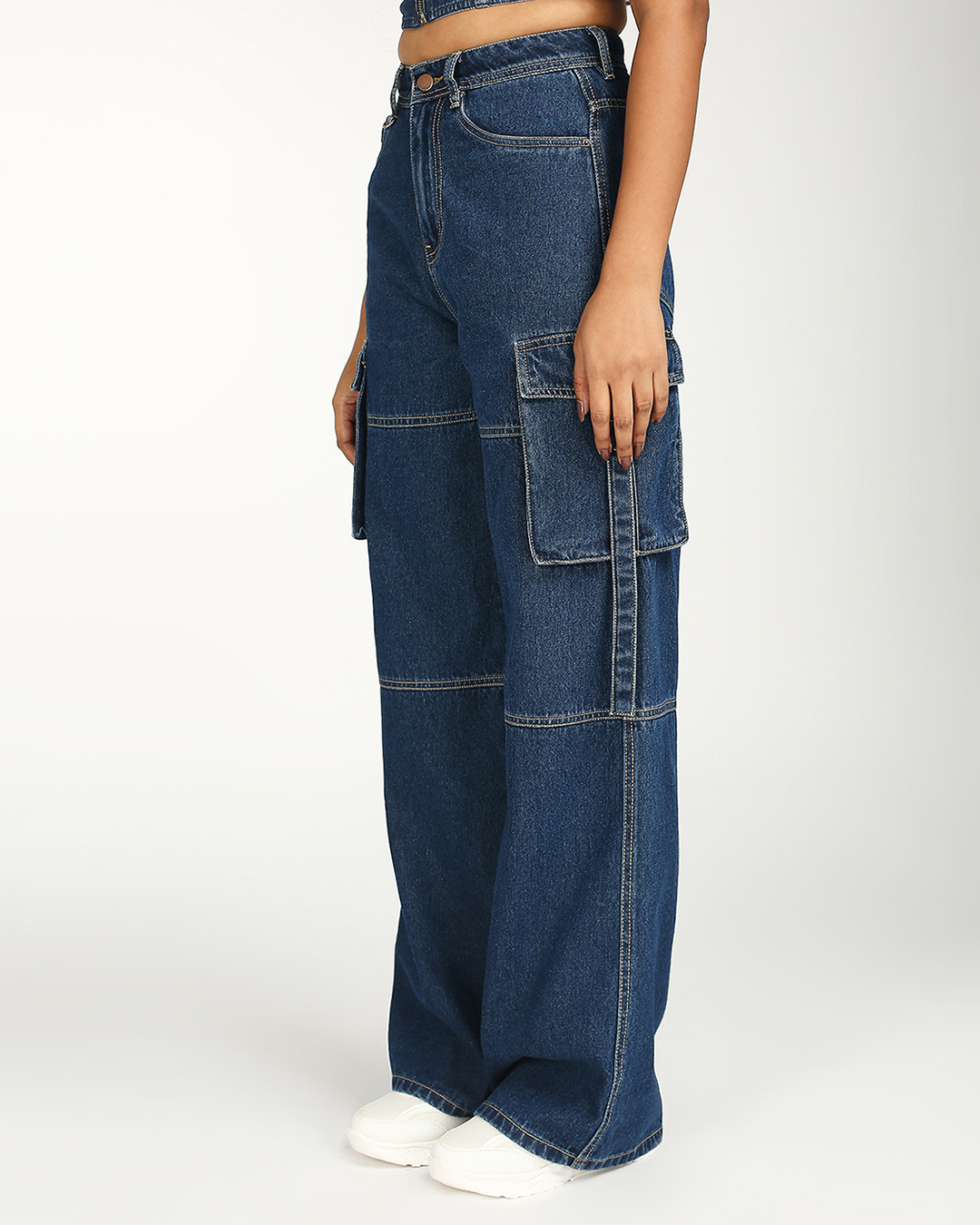 Shop Women's Dark Blue Wide Leg Cargo Jeans-Back