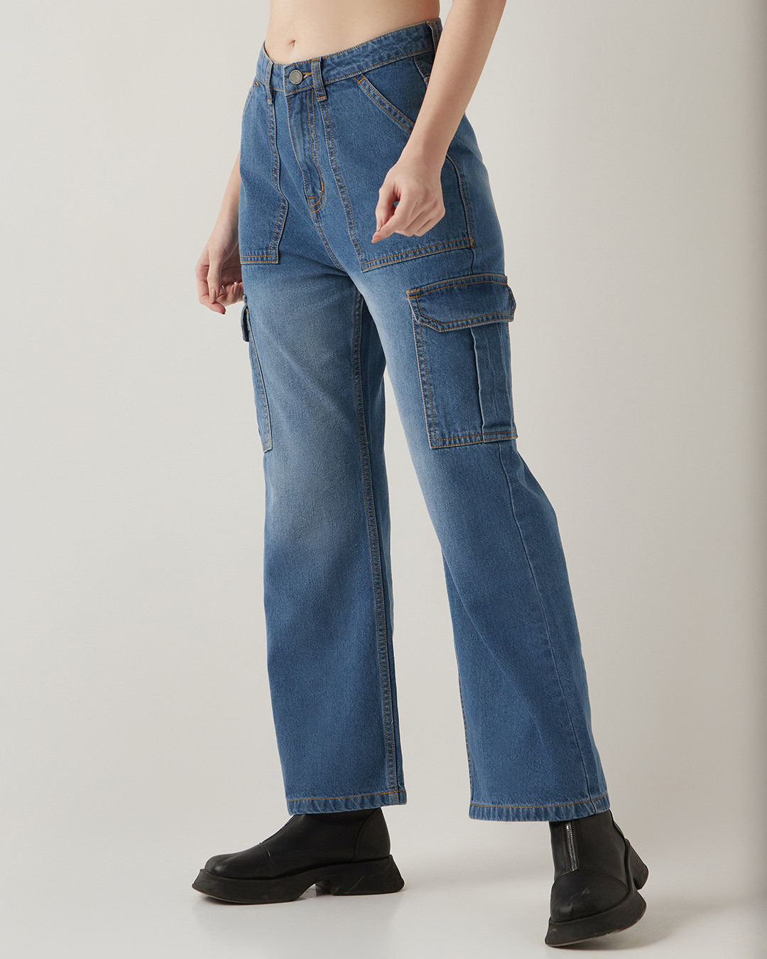 Shop Women's Dark Blue Washed Wide Leg Cargo Jeans-Back