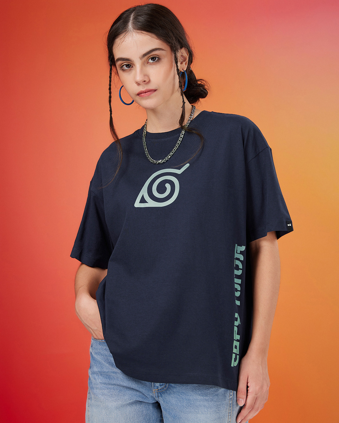 Shop Women's Dark Navy Blue Ninja Kakashi Graphic Printed Oversized T-shirt-Back