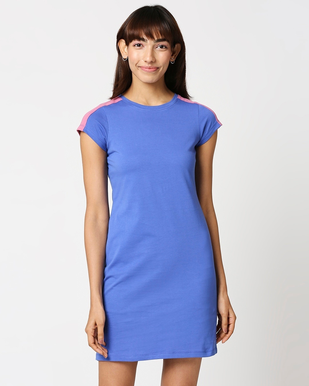 Shop Women's Dazzling Blue Shoulder Cut N Sew Cap Sleeves Slim Fit Dress-Back