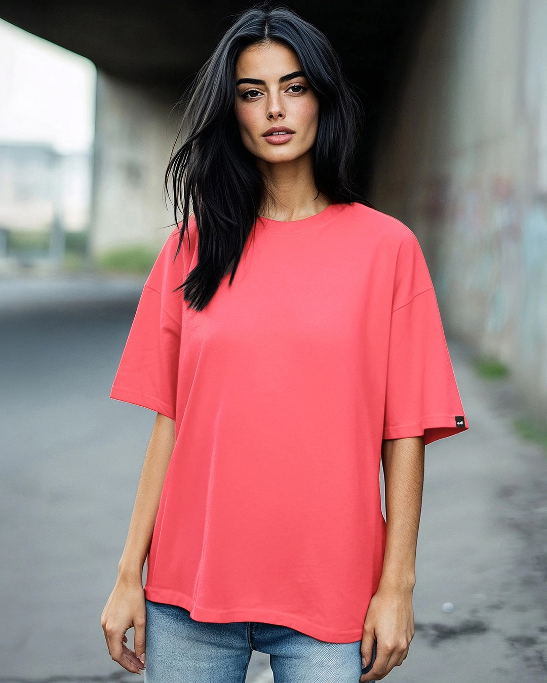 oversized shirt coral block print - coral