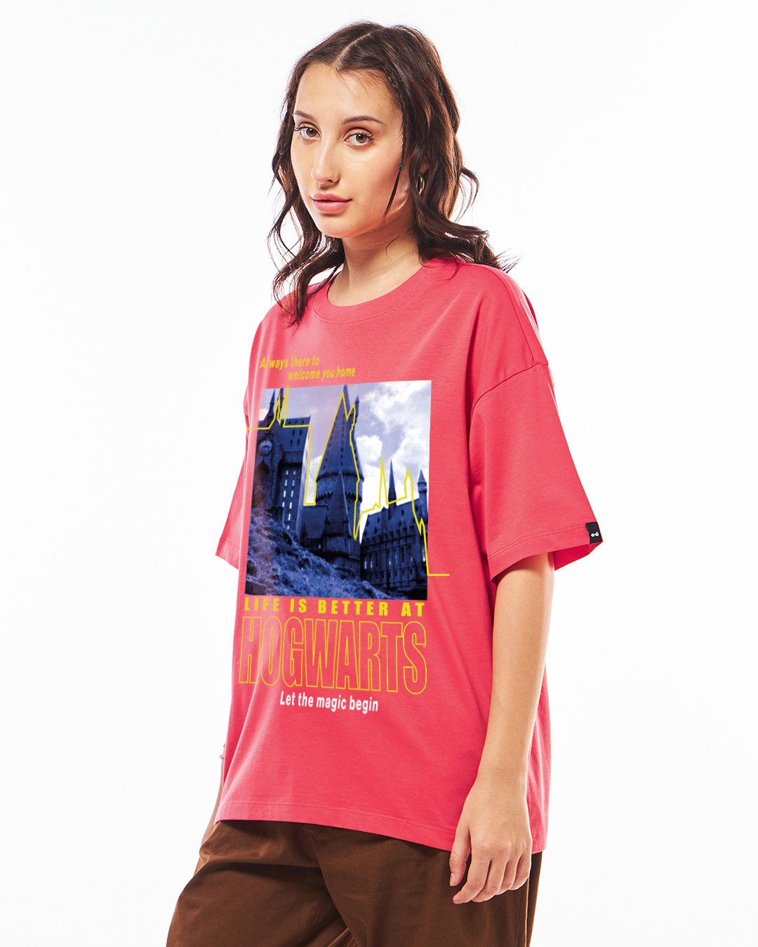 Shop Women's Deep Sea Coral Pink Life At Hogwarts Graphic Printed Oversized T-shirt-Back