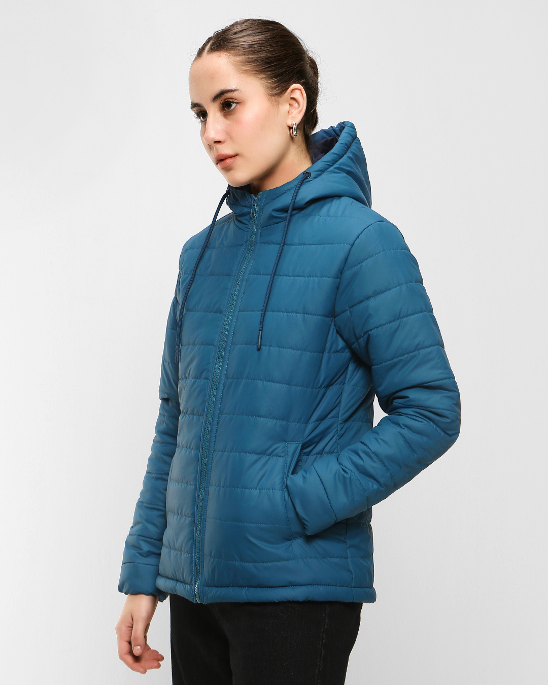 Shop Women's Deep Teal Relaxed Fit Puffer Jacket-Back