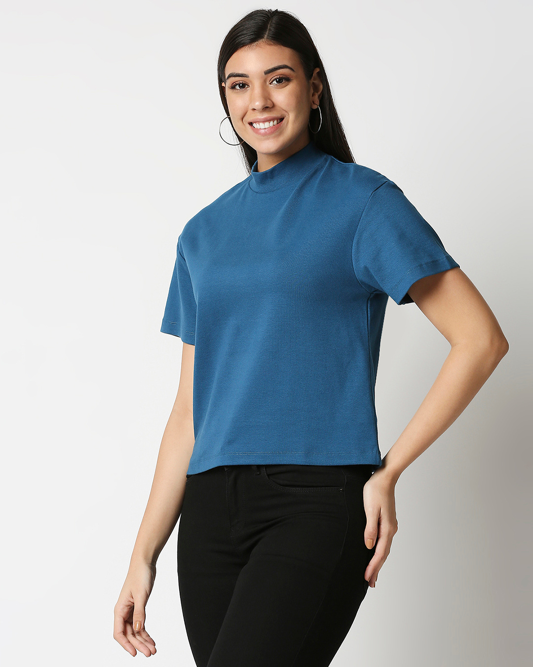 Shop Women's Digital Teal Turtle Neck Rib T-Shirt-Back