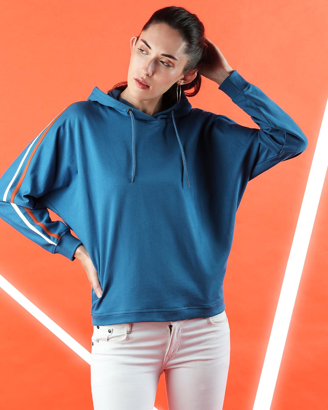 

Digi Teal Dolman Sleeves Hoodie Women' Plain Drop Shoulder Short Hoodie Bewakoof.com, Blue-white-orange