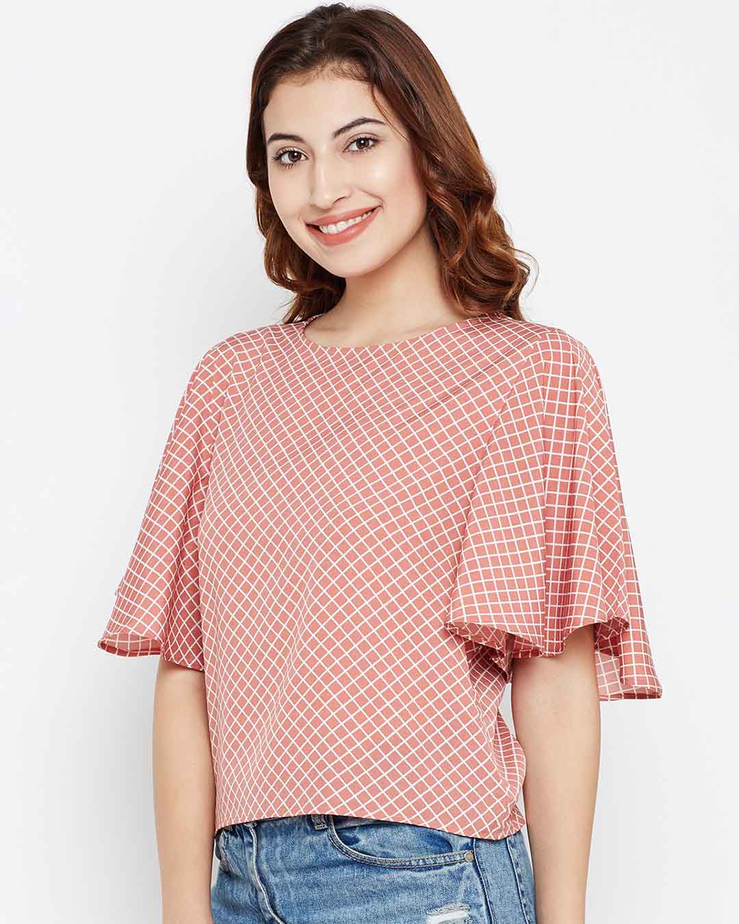 Shop Women's Dusty Pink & White Checked Top-Back