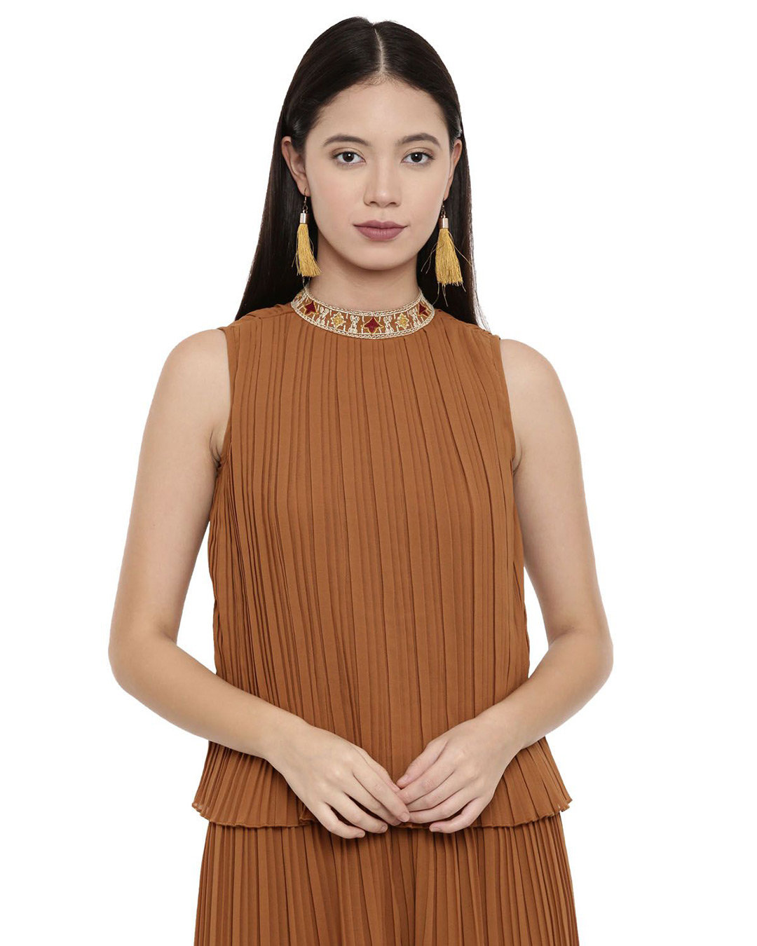 Shop Women's Embroidered High-Neck Pleated Brown Top-Front