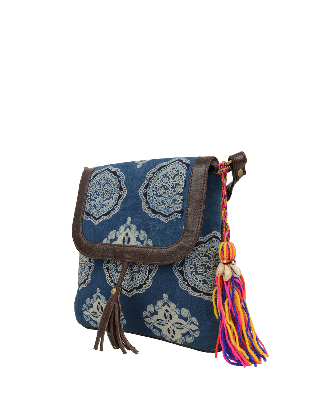 Shop Women's Ethnic Leatherette/Cotton Blue Stamp Tassle Sling Bag-Back