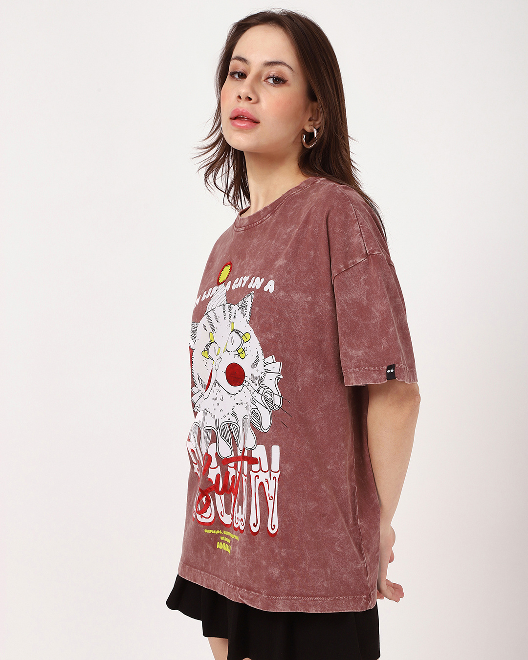 Shop Women's Brick Red Cat Clown Graphic Printed Oversized Acid Wash T-shirt-Back