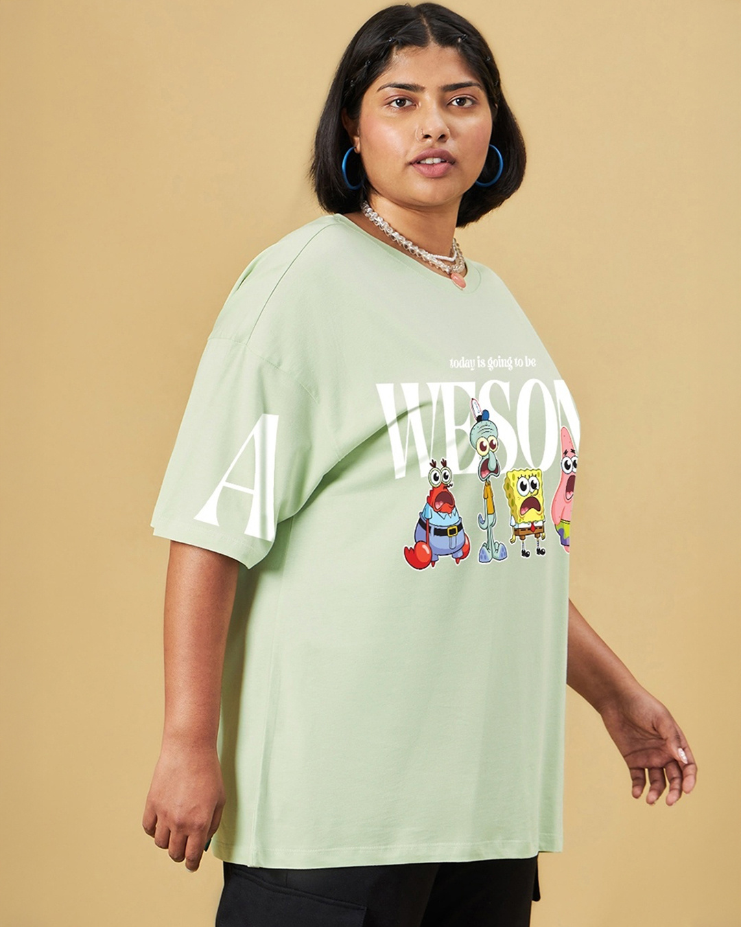 Shop Women's Fog Green Awesome Graphic Printed Oversized Plus Size T-shirt-Back