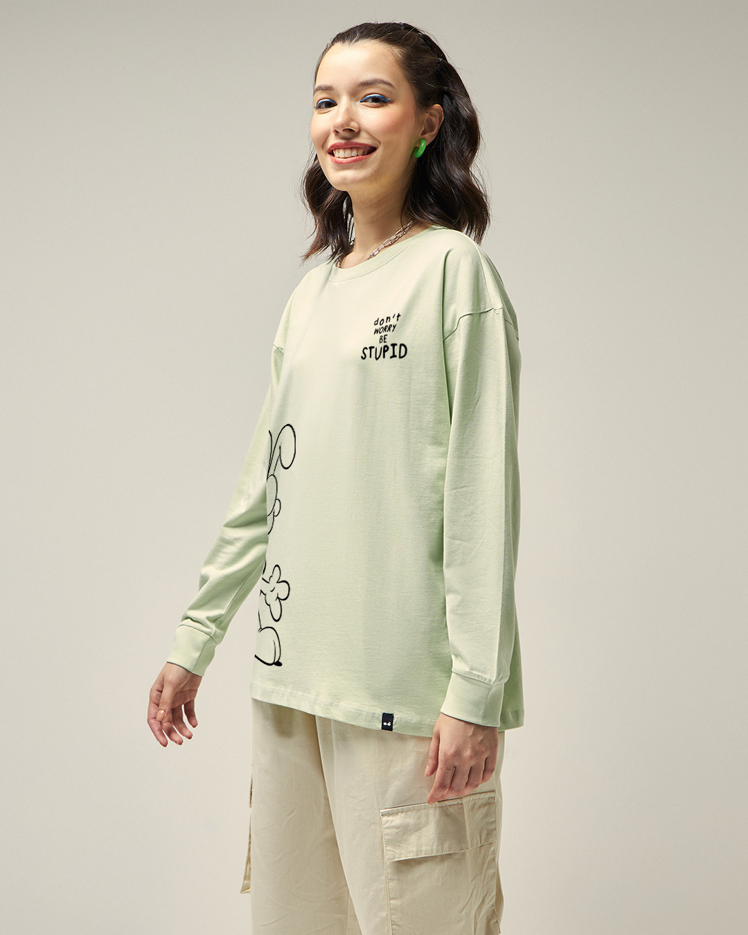Shop Women's Fog Green Be Stupid Odie Graphic Printed Oversized T-shirt-Back