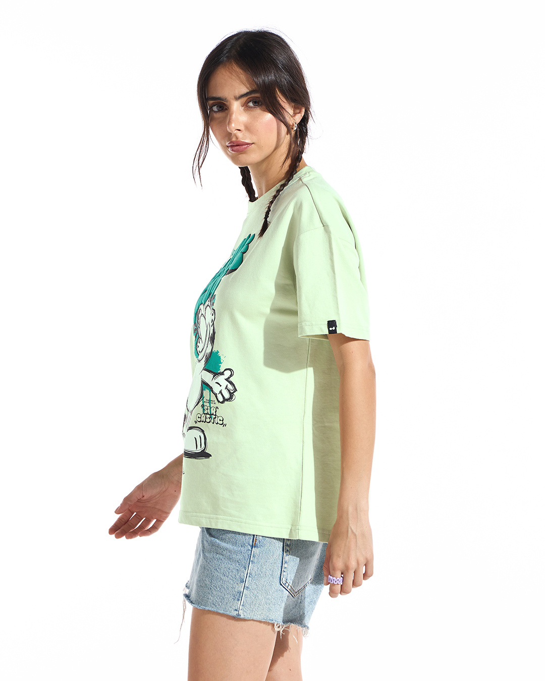 Shop Women's Fog Green Feline Fine Graphic Printed Oversized T-shirt-Back