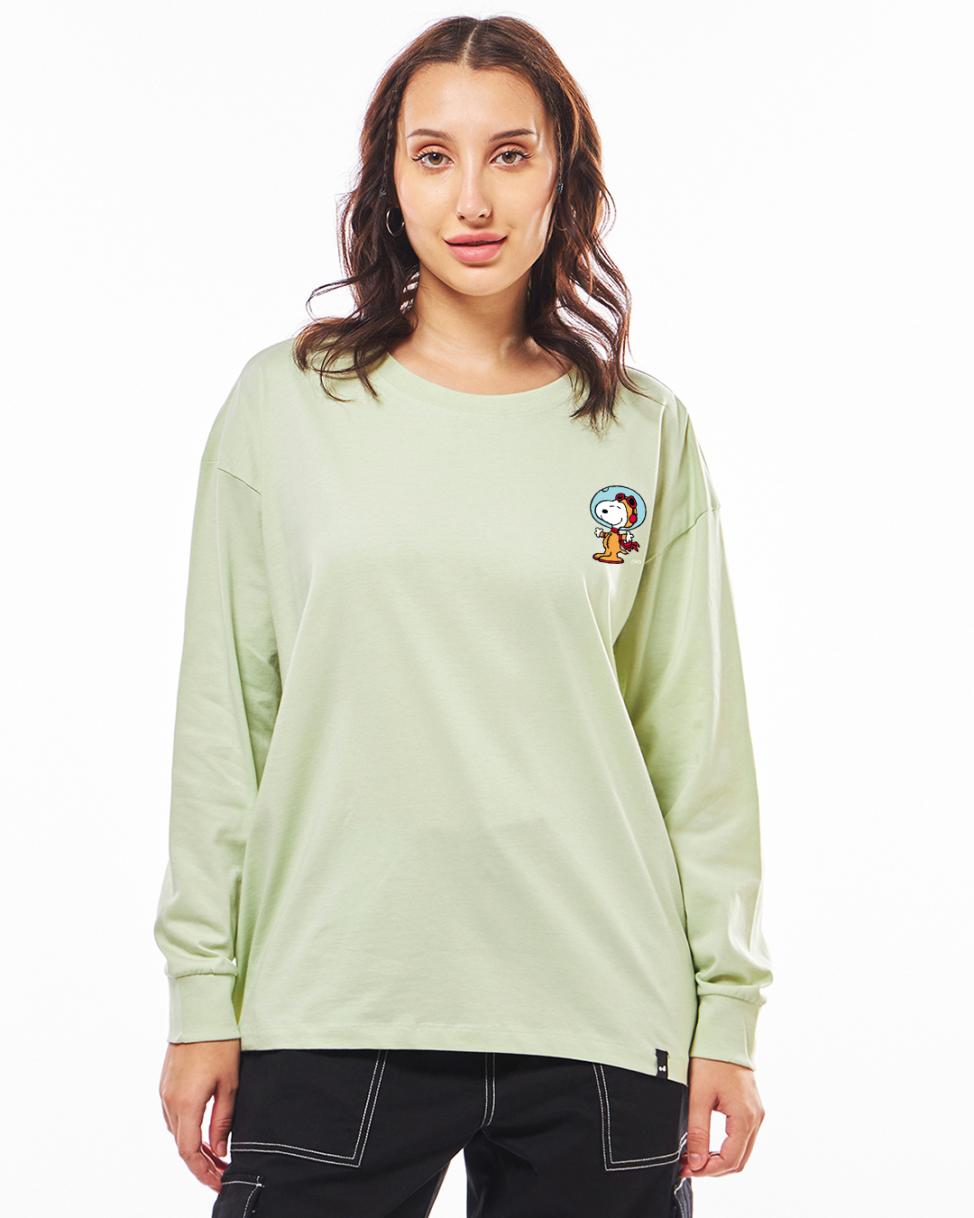 Shop Women's Fog Green First Beagle Hood Graphic Printed Oversized T-shirt-Back