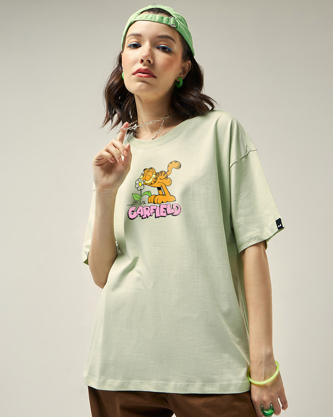 Shop Women's Fog Green Garfields Flowers Graphic Printed Oversized T-shirt-Back