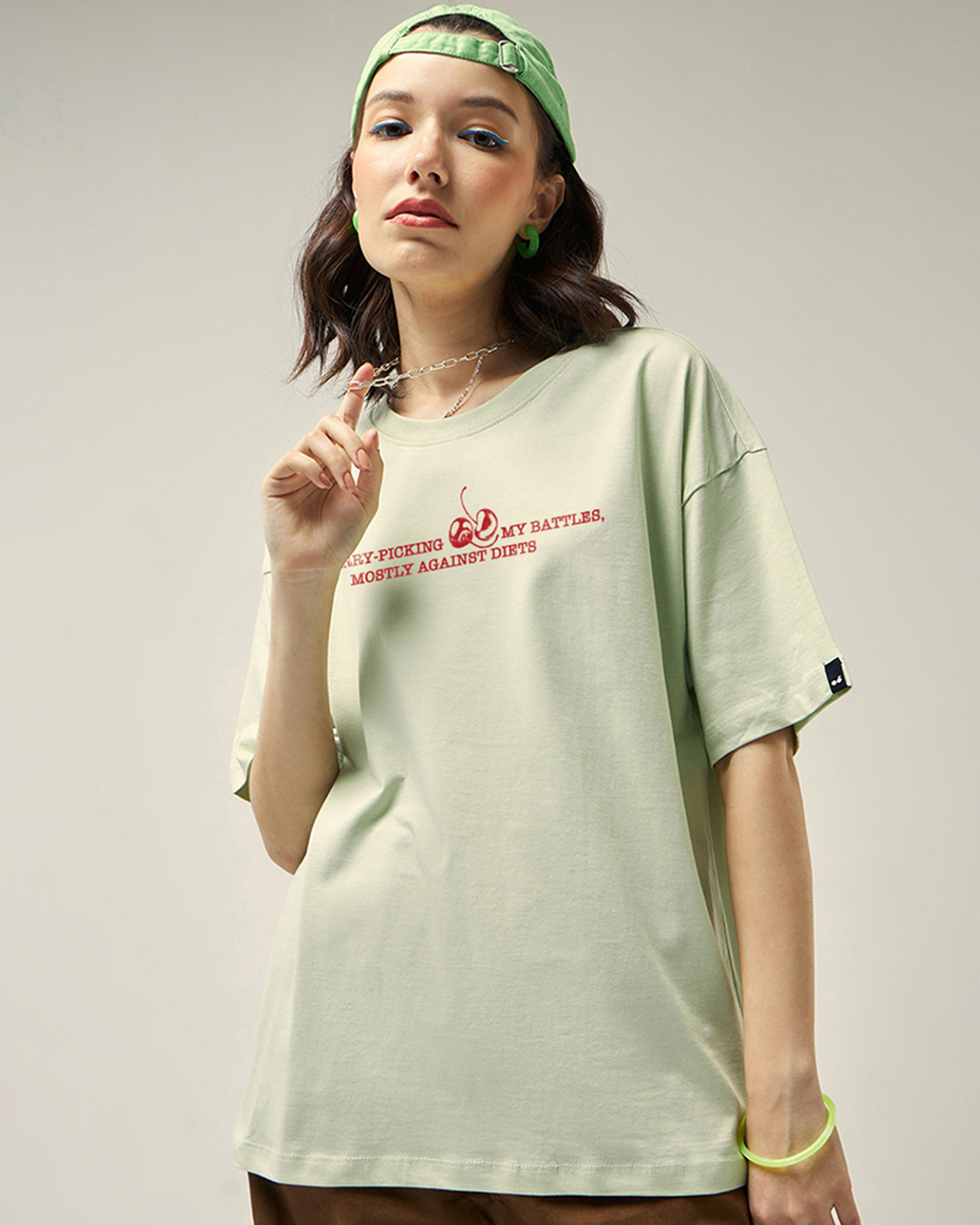 Shop Women's Fog Green Moncherie Graphic Printed Oversized T-shirt-Back