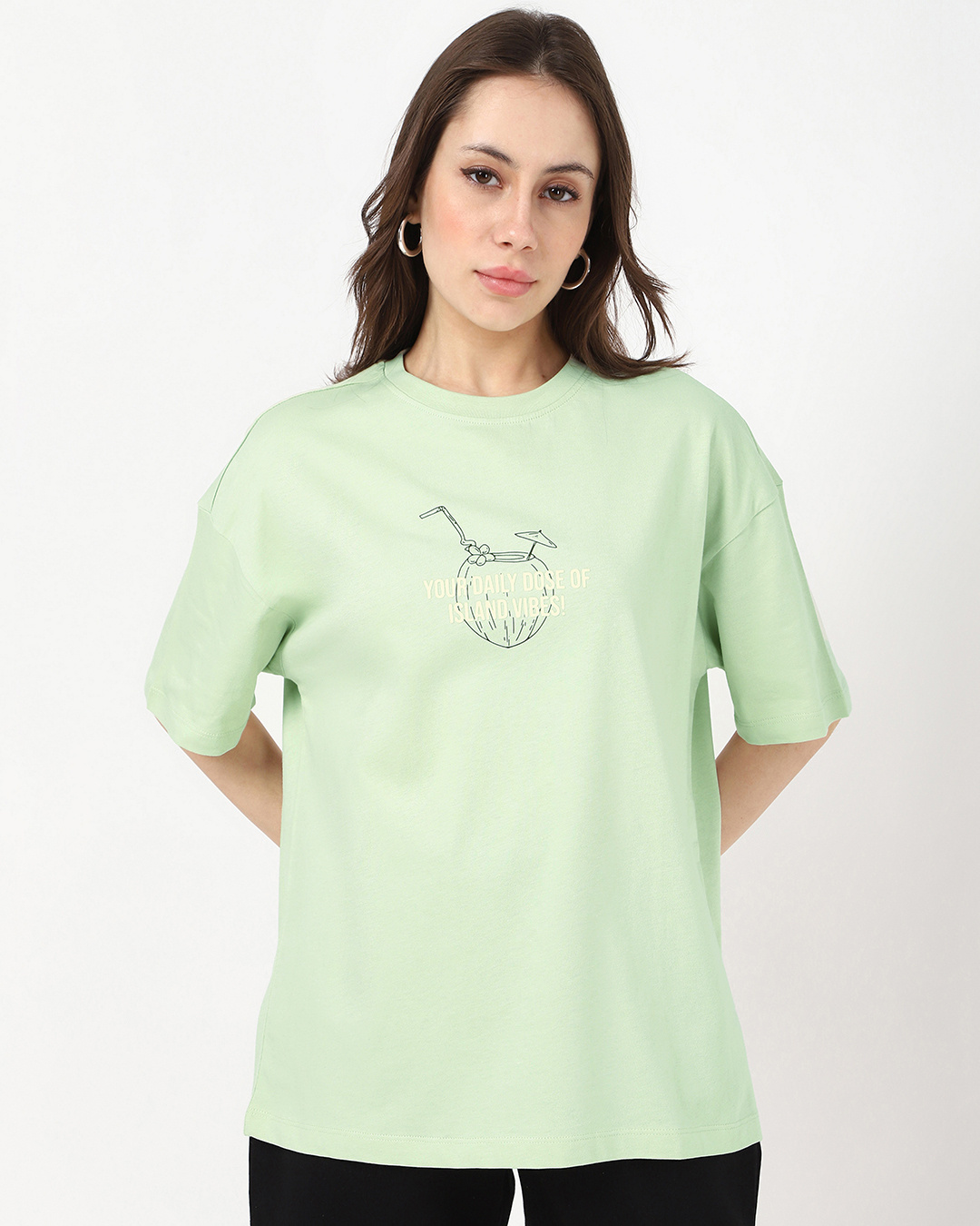 Shop Women's Fog Green Sipslay Repeat Graphic Printed Oversized T-shirt-Back