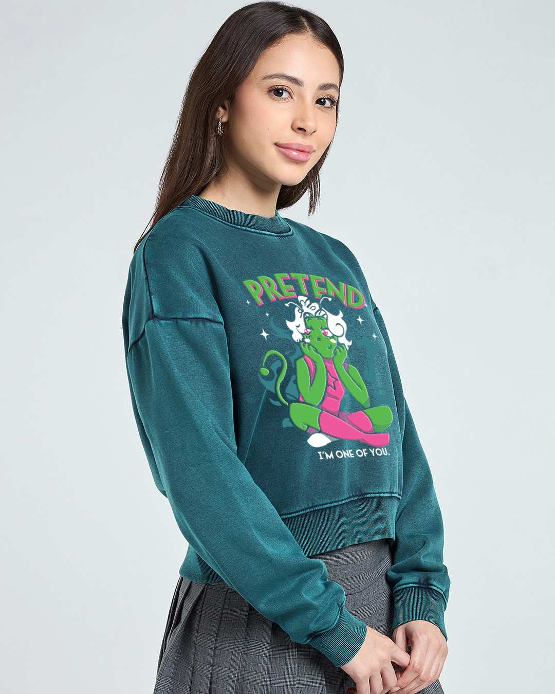 Shop Women's Teal Green Pretend Graphic Printed Oversized Acid Wash Crop Sweatshirt-Back