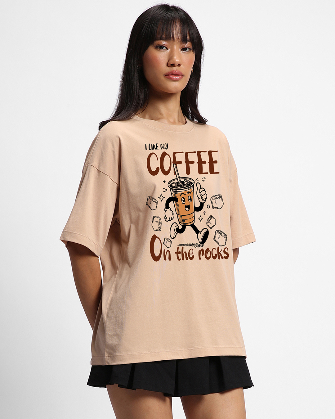 Shop Women's Ginger Root Brown Coffee On The Rocks Graphic Printed Oversized T-shirt-Back