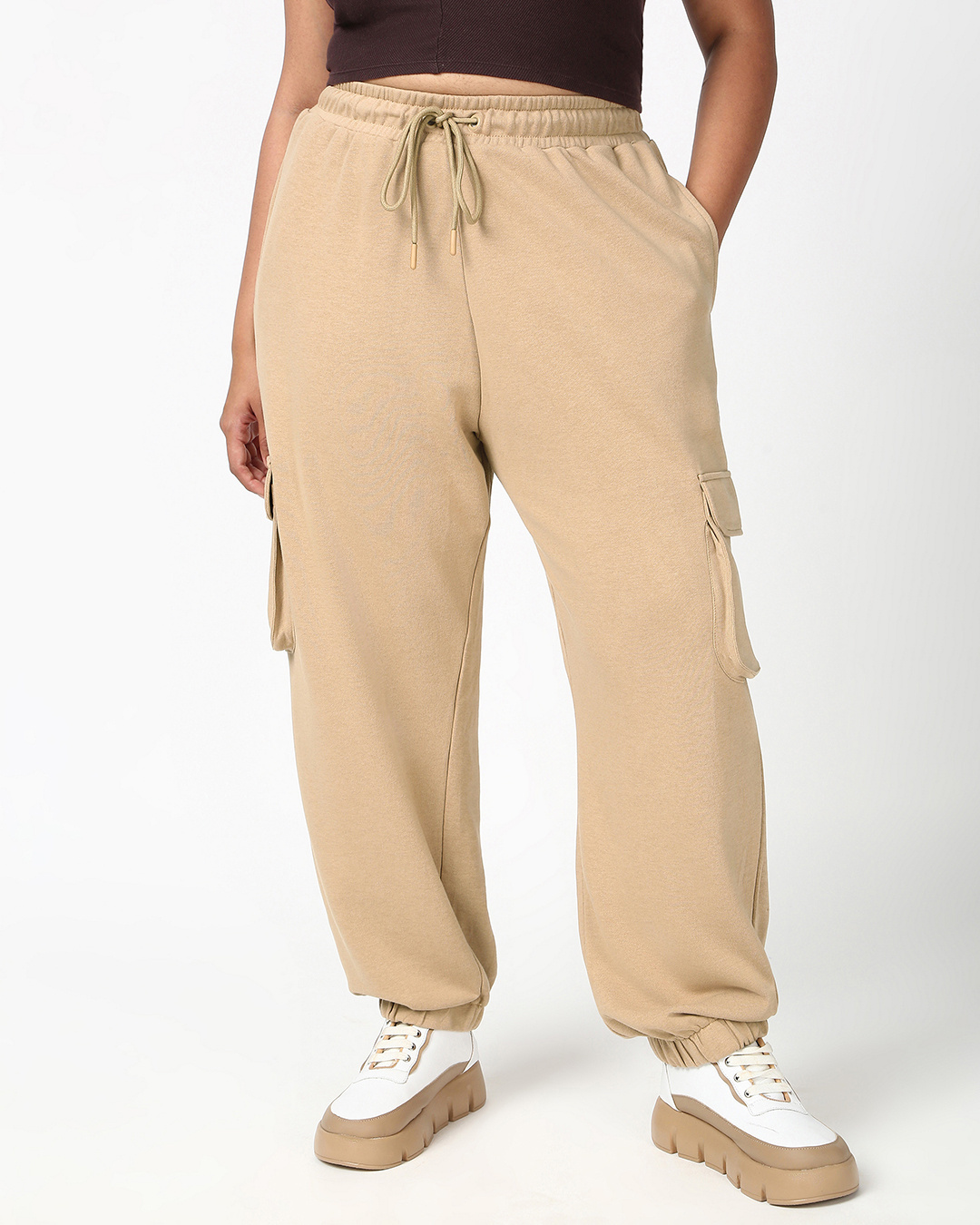 Shop Women's Ginger Root Brown Oversized Plus Size Cargo Joggers-Back