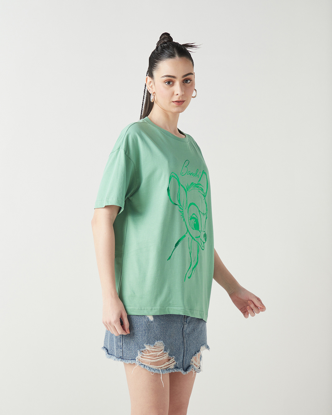 Shop Women's Granite Green Bambi Sketch Graphic Printed Oversized T-shirt-Back